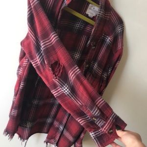 Distressed, red, plaid, American Eagle shirt